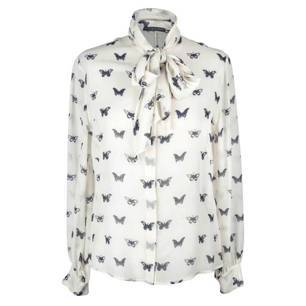 Alexander McQueen Pussy Bow Butterfly Print Silk Blouse 44 / 8